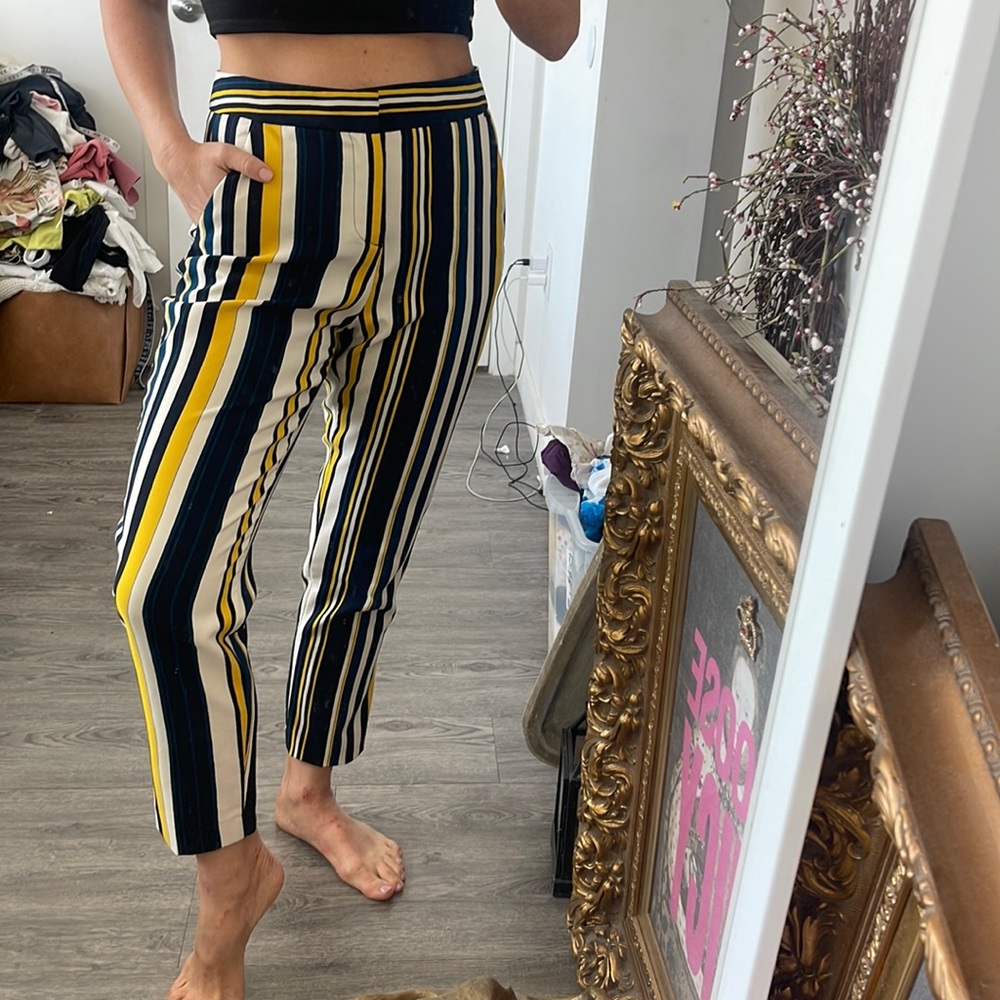 Zara Yellow, Black & White Striped High-Waist Cropped Pants